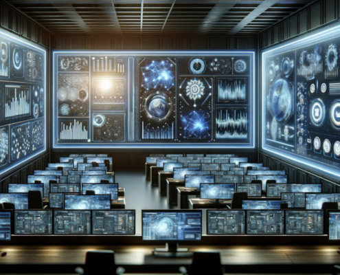 A futuristic control room with screens displaying AI analytics and automated processes, symbolizing the advanced capabilities within managed services.